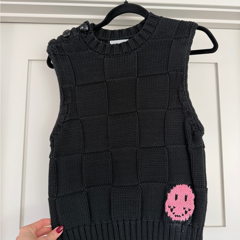 Ganni Black Knit Sweater Vest with Pink Smiley